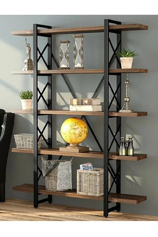 Özke Dekor Metal Ahşap 5 Katlı Kitaplık Raf